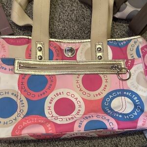 Coach Pink Multi Circle Print Tote with Metallic Trim